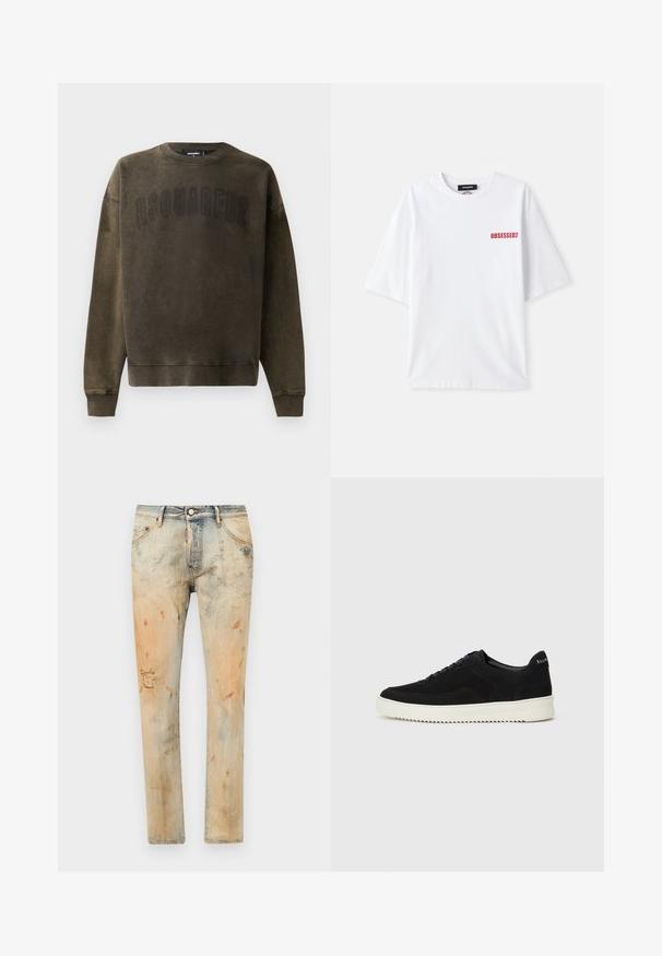 Dsquared2 Sudadera - brown; Camiseta de algodón blanca con mangas cortas, que presenta el texto rojo "OBSESSED2" en el lado izquierdo del frente. Diseño clásico de cuello redondo.; Jeans de mezclilla azul descolorido con un aspecto desgastado, que presentan manchas y un desgarro en una rodilla. Diseño clásico de cinco bolsillos y cierre de botón metálico.; Zapatilla de ante negra con diseño de cordones y suela de goma blanca contrastante. Presenta paneles laterales texturizados y un sutil logo en el talón.