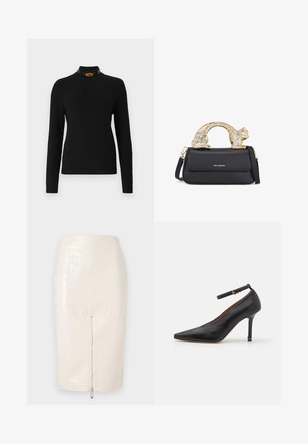 Mustat ribbikuvioiset neuletakit pitkillä hihoilla, korkealla kaula-aukolla ja kontrastivärisellä mustalla kauluksessa, jossa on kultainen yksityiskohta.; Krokodili kuvioitu keinonahkainen kynähame kerma väri, jossa on takana vetoketjukiinnitys ja sileä, kiiltävä rakenne.; Musta nahkainen korkokenkä, jossa on terävä kärki, nilkkaremmi ja ohut korko. Kengässä on sileä pinta ja kultainen yksityiskohta korkopohjassa.; Musta nahkakäsi, jossa on kultainen kissanmuotoinen kahva, etuohjauslaukku, säädettävä hihna ja logotunnus alaosassa.