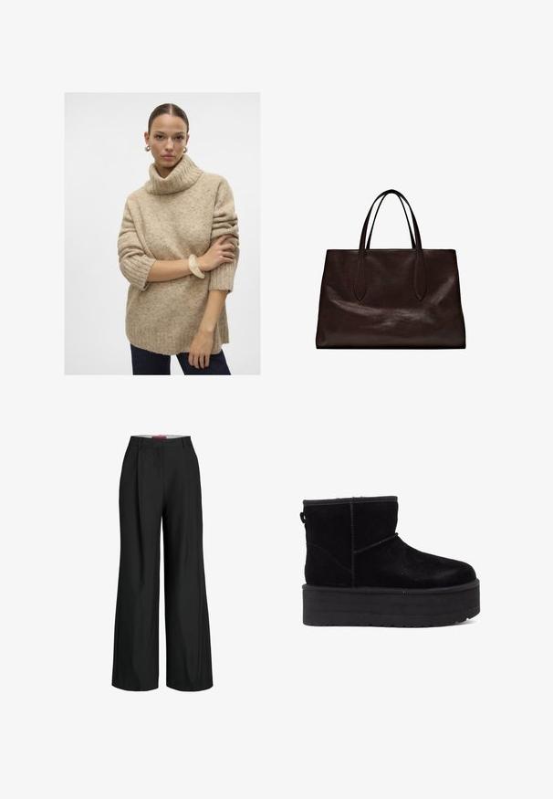 Beige stickad polotröja med ribbad textur, sänkta axlar och korta ärmar, matchad med ett genomskinligt armband på handleden.; Svarta vida byxor med skräddarsydd design, med veck och en slät tyger. Klara linjer och ingen synlig hårdvara eller detaljer.; Svarta mockaboots med tjock plattformsula och mjukt foder. Avslutade med sömnadsdetaljer och en dragflik baktill för enkel påtagning.; Massimo Dutti Handväska - brown