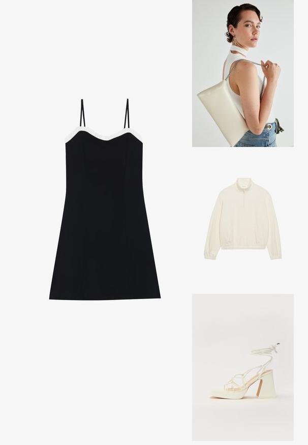 Fleece pulóver v bielej farbe s polovičným zipsom, prednou vreckom a elastickým spodným okrajom s dlhými, zúženými rukávmi. Mäkká textúra.; Čierne šaty s tenkými ramienkami, priliehavým trupom a rozšíreným lemom. Biele volánikové ozdoby pozdĺž výstrihu. Hladká, ľahká látka.; Biele sandále na vysokom opätku s hrubým podpätkom, s pruhovaným dizajnom a viazaním na členku. Hladký povrch s platformou vpredu pre zvýšenú výšku.; Biely obdĺžnikový kabelka z lesklého materiálu s strieborným reťazovým popruhom. Model predvádza kabelku na jednotnom pozadí.