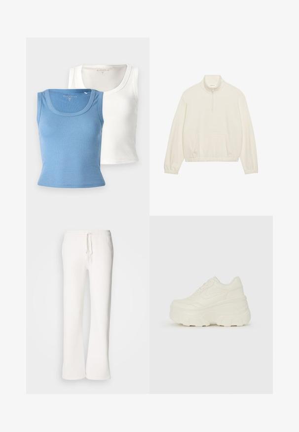 Kergest jahevalge fliisioodetusega poolfliisiga puhvri särk, millel on pooltakjakrae, eesmine tasku ja elastne alläär pikkade kitsenevate varrukatega. Pehme tekstuur.; Kaks ribaga tanki: üks helesinine ja teine valge. Igaühel on ümar kaelus ja sobiv siluett, mis rõhutab kangasteksti.; Valged, mugavad spordipüksid, mis on valmistatud pehmest kangast, elastse talje ja nööridega, sirgete jalgadega disainiga.; Valged platvormi tõusukingad, millel on siledast nahast meenutav pealis, ümar kuju, pehmendatud kaelus ja tekstureeritud kummitald koos selgete hüdrofoobsete mustritega.