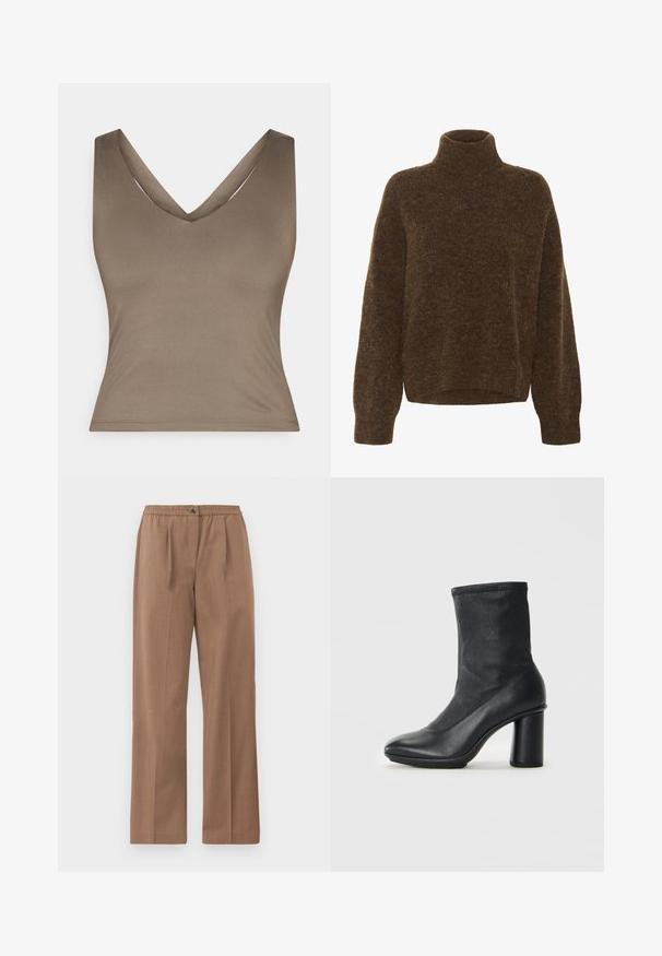 Brun, tykk strikket genser med høy hals og løs passform, med senkede skuldre og ribbestrikkede mansjetter. Myk tekstur, ingen synlige mønstre eller beslag.; Brun, ermeløs topp med dyp V-hals design, laget av glatt stoff. Har en tettsittende silhuett og ren, minimal søm.; Brune, vide benbukser med elastisk midjebånd og knappelukking. Jevn tekstur med en subtil glans og ingen synlige mønstre.; Sorte skinnstøvler til midten av leggen med rund tå og kraftig høy hæl, vist mot en enkel lys grå bakgrunn.