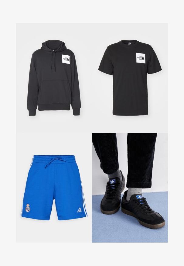 Fekete kapucnis pulóver, puha anyagból készült, elöl zsebbel, húzózsinórral ellátott kapucnival és fehér logósapkával a bal melle területén.; Fekete pamut póló rövid ujjú, kerek nyakkal és egy fehér négyzet alakú mellkasi logóval, amelyen a "The North Face" felirat és ívelt dizájn található.; adidas Performance REAL MADRID DNAWAY SHORTS - Klubruházat - collegiate royal; Fekete sportcipők velúrból és bőrből, kék logóval és barna gumitalppal. Szürke zoknikkal és kordbársony nadrággal párosítva.