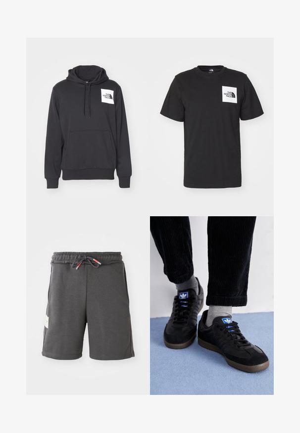 Black hoodie made of soft fabric featuring a front pouch pocket, drawstring hood, and white logo patch on the left chest area.; Black cotton t-shirt with short sleeves, crew neck, and a white square chest logo featuring "The North Face" text and curved design.; Gray athletic shorts with an elastic waistband and drawstring. Features side pockets and a fabric tag on the left side. Lightweight material.; Black sneakers with suede and leather material, featuring a blue logo and brown rubber sole. Paired with gray socks and corduroy pants.