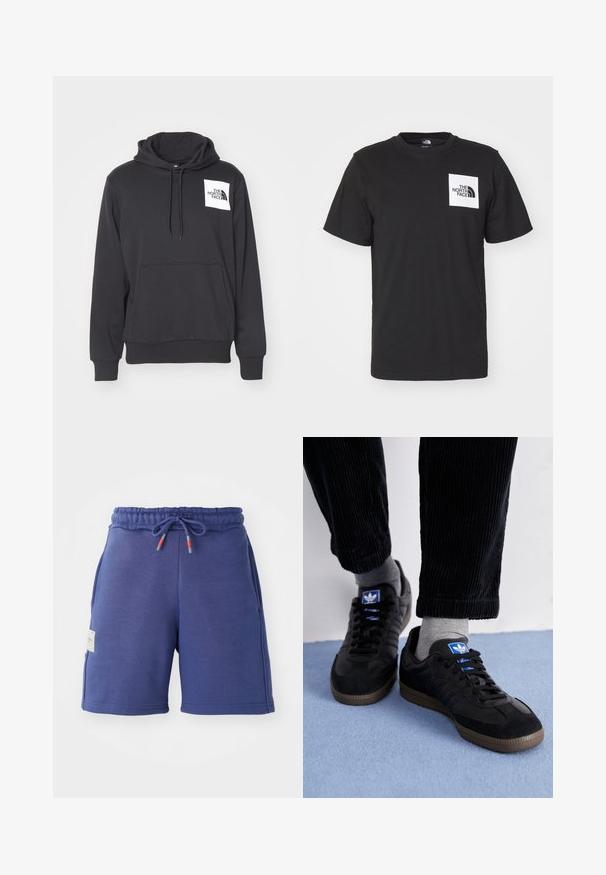 Black hoodie made of soft fabric featuring a front pouch pocket, drawstring hood, and white logo patch on the left chest area.; Black cotton t-shirt with short sleeves, crew neck, and a white square chest logo featuring "The North Face" text and curved design.; Navy blue sweat shorts with an elastic waistband, drawstring accents, and side pockets. Made from a soft fabric with a smooth texture.; Black sneakers with suede and leather material, featuring a blue logo and brown rubber sole. Paired with gray socks and corduroy pants.