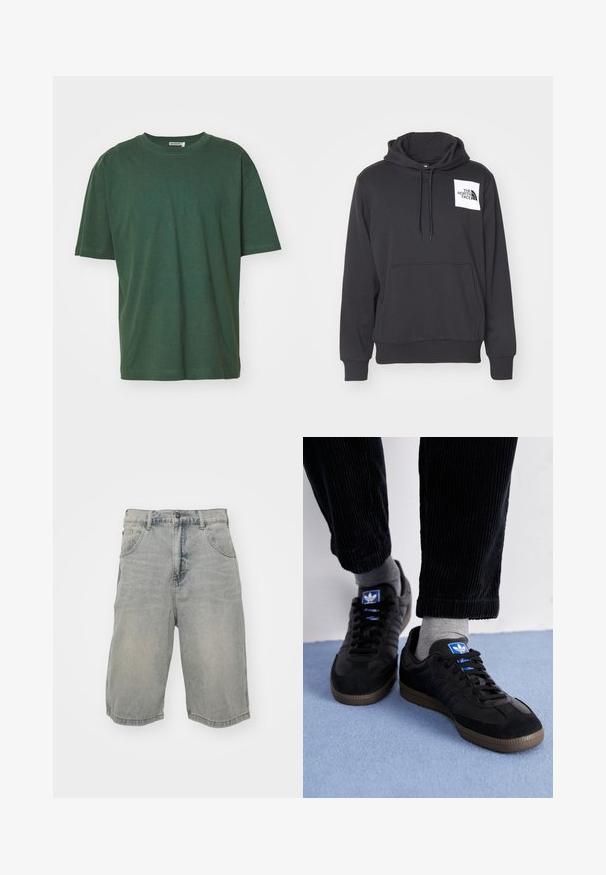 Black hoodie made of soft fabric featuring a front pouch pocket, drawstring hood, and white logo patch on the left chest area.; Green cotton t-shirt with a classic crew neck, short sleeves, and a relaxed fit. The fabric has a smooth texture and no visible patterns.; Light blue denim shorts with a relaxed fit, featuring five pockets, belt loops, and a faded texture. The hem is rolled and stitched.; Black sneakers with suede and leather material, featuring a blue logo and brown rubber sole. Paired with gray socks and corduroy pants.