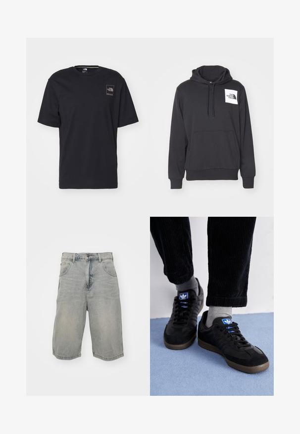 Sort hættetrøje lavet af blødt stof med en forreste lomme, snøre i hætten og hvidt logo-patch på venstre brystområde.; The North Face COORDINATES TEE - T-shirts print - black; Lyseblå denimshorts med en afslappet pasform, der har fem lommer, bæltestropper og en falmet tekstur. Sømmen er rullet og syet.; Sorte sneakers lavet af ruskind og læder, med et blåt logo og en brun gummisål. Kombineret med grå sokker og kordfløjlbukser.