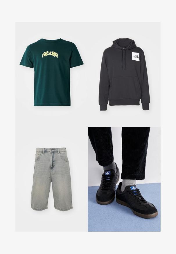 Black hoodie made of soft fabric featuring a front pouch pocket, drawstring hood, and white logo patch on the left chest area.; Dark green cotton t-shirt with a crew neckline and short sleeves. Features a yellow graphic design across the chest. Smooth texture.; Light blue denim shorts with a relaxed fit, featuring five pockets, belt loops, and a faded texture. The hem is rolled and stitched.; Black sneakers with suede and leather material, featuring a blue logo and brown rubber sole. Paired with gray socks and corduroy pants.