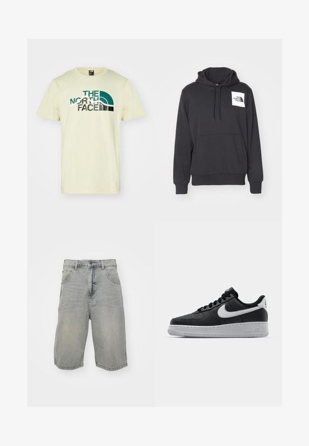 Sweatshirt preto feito de um tecido macio, com um bolso frontal, capuz ajustável e um emblema branco na área do peito esquerdo.; T-shirt de algodão amarelo claro com o logótipo "THE NORTH FACE" em teal e preto, com um design curvado. Mangas curtas e estilo de gola redonda.; Calções de ganga azul claro com um corte descontraído, apresentando cinco bolsos, passadores para cinto e uma textura desbotada. A bainha é dobrada e cosida.; Sapatilha de pele preta com superfície texturizada, swoosh branco da Nike, sola cinza, bico redondo e design com atacadores. Apresenta perfurações na caixa dos dedos.