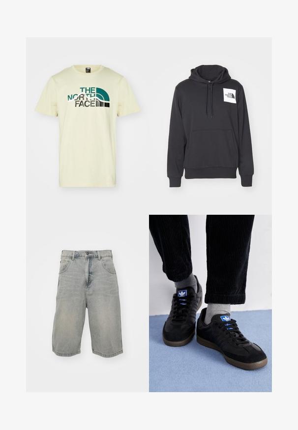 Svart hettegenser laget av myk stoff med en forlommer, snor i hetten, og hvit logo-patch på venstre brystområde.; Lys gul bomull t-skjorte med "THE NORTH FACE" logo i teal og svart med en buet design. Korte ermer og rund hals.; Lys blå denimshorts med avslappet passform, som har fem lommer, beltehemper og en falmet tekstur. Sømmen er rullet og sydd.; Sorte joggesko laget av semsket skinn og lær, med en blå logo og brun gummisåle. Paret med grå sokker og kordfløylebukser.