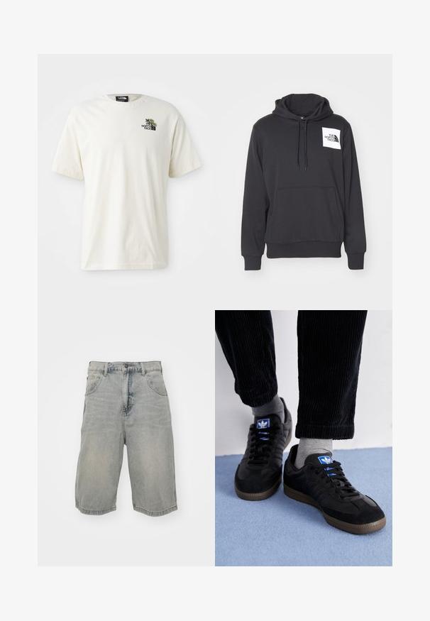 Hoodie negru dintr-un material moale, având o buzunar frontal, glugă cu șnur și o etichetă albă cu logo pe partea stângă a pieptului.; Tricou din bumbac de culoare crem, cu gât rotund, mâneci scurte și un grafic pe pieptul stâng care prezintă flori și logo-ul "The North Face".; Shorts din denim de un albastru deschis, cu o croială lejeră, având cinci buzunare, bucle pentru curea și o textură decolorată. Marginea este rulată și coasă.; Tenisi negri din material de gamă suede și piele, având un logo albastru și o talpă din cauciuc maro. Asortați cu șosete gri și pantaloni din bumbac cord sau.