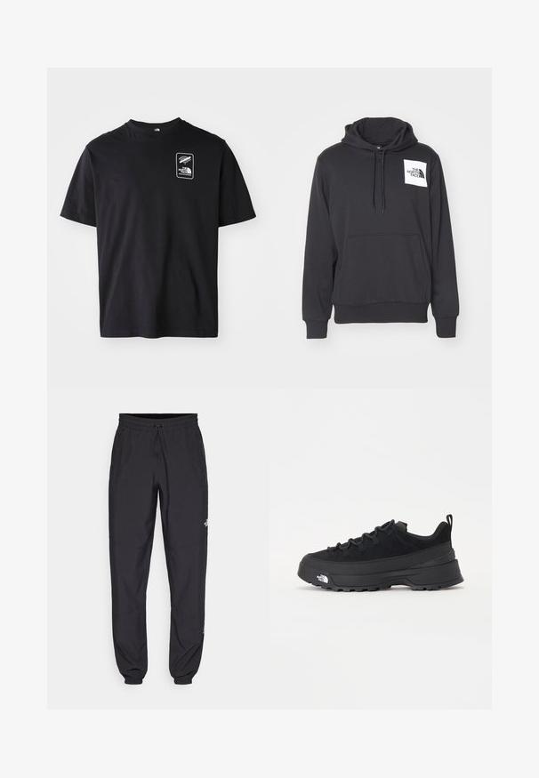 Musta kapuutsiga pusa, mis on valmistatud pehmest kangast, ning millel on ees tasku, reguleeritav kapuutsi nöör ja valge logo silmus vasakul rinnapiirkonnas.; Must t-särk mustast puuvillast, lühikeste varrukatega, ümarate kaelustega, millel on vasakul rinnal valge graafiline logo ristkülikukujulises raamistikus.; Mustavad sportlikud püksid, mis on valmistatud kergest kangast, joonlauaga taljest, küljetaskudega ja kitsenevate varrukatega pahkluude juures.; Must musta jalats, millel on sametised ülemused, tekstuuriga kummist põhi ja vastupidav sidumise süsteem. Omab tugevdust kannaosas ja brändi logo küljes.