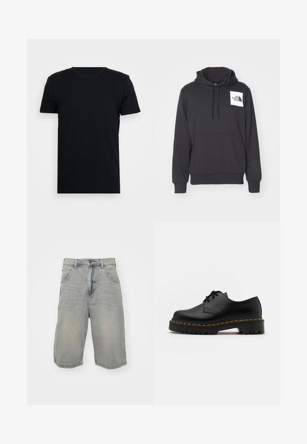 Mustat hupparit, jotka on valmistettu pehmeästä kankaasta, sisältävät etulokeron, kiristysnyörin hupun ja valkoisen logopatchin vasemmassa rinnassa.; Mustapaita lyhyillä hihoilla ja pyöreällä kaula-aukolla, valmistettu sileästä kankaasta, jossa on yksinkertainen leikkaus ilman näkyviä kuvioita tai suunnitteluja.; Vaaleansiniset farkkushortsit rennolla leikkauksella, joissa on viisi taskua, vyölenkit ja haalistunut pinta. Helma on käännetty ja ommeltu.; Musta nahkainen nauhakenkä, jossa on pyöreä kärki, kuvioitu kumipohja ja keltaiset tikit ympäri pohjaa. Litteä muotoilu ja sileä pinta.