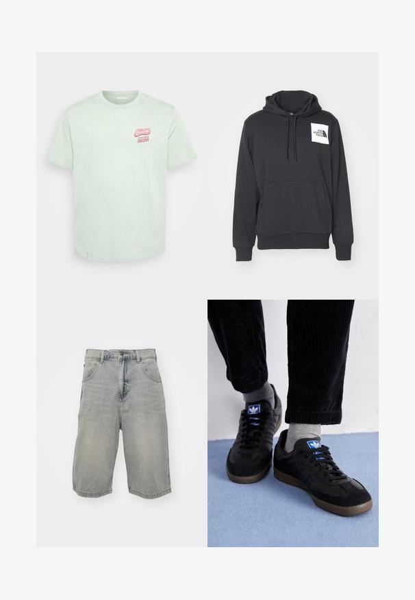 Fekete kapucnis pulóver, puha anyagból készült, elöl zsebbel, húzózsinórral ellátott kapucnival és fehér logósapkával a bal melle területén.; Világos zöld, rövid ujjú pamut póló kerek nyakkal, az elülső bal mellrészen rózsaszín "Üdvözlet Arizonából" grafikával.; Világoskék farmernadrág rövidnadrág laza szabással, öt zsebbel, övbújtatókkal és elhalványult textúrával. A szegély fel van hajtva és meg van varrva.; Fekete sportcipők velúrból és bőrből, kék logóval és barna gumitalppal. Szürke zoknikkal és kordbársony nadrággal párosítva.