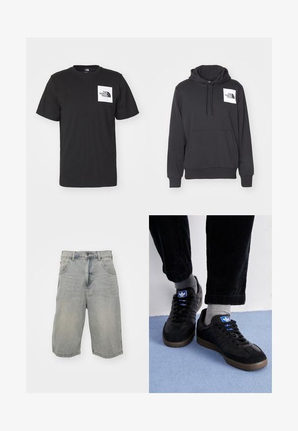 Czarna bluza z kapturem wykonana z miękkiego materiału, z przednią kieszenią typu kangur, kapturem ze sznurkiem i białą łatką z logo na lewej piersi.; Czarna bawełniana koszulka z krótkim rękawem, okrągłym dekoltem oraz białym kwadratowym logo na klatce piersiowej, na którym znajduje się tekst "The North Face" oraz lekko zakrzywiony wzór.; Jasnoniebieskie szorty dżinsowe o luźnym kroju, z pięcioma kieszeniami, szlufkami na pasek oraz przetartą fakturą. Krawędź jest podwinięta i przyszyta.; Czarne trampki z materiału zamszowego i skórzanego, z niebieskim logo i brązową gumową podeszwą. Dobrane z szarymi skarpetkami i spodniami z korduroju.