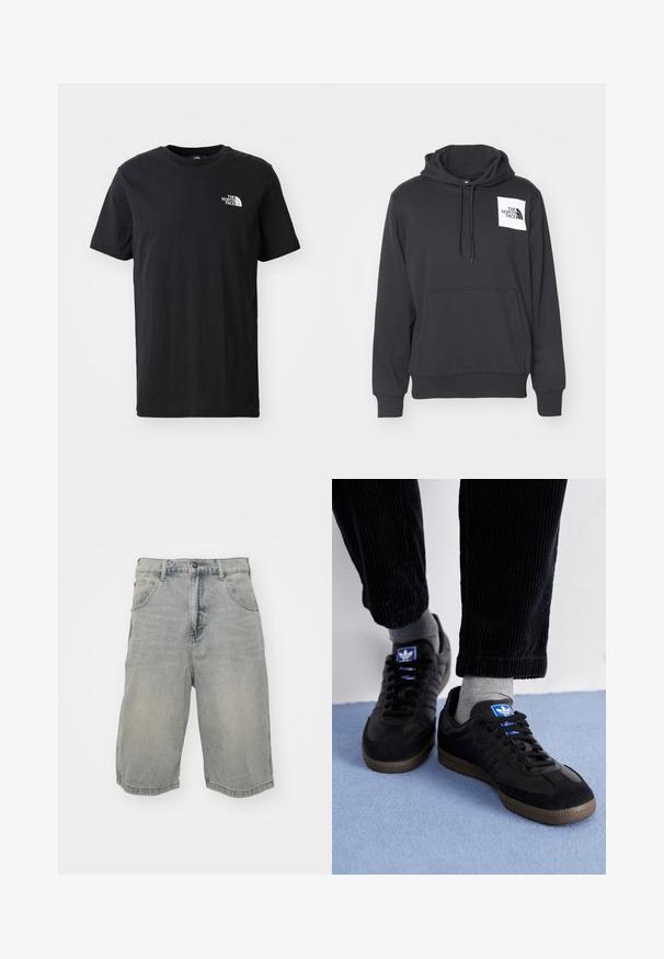 Mustat hupparit, jotka on valmistettu pehmeästä kankaasta, sisältävät etulokeron, kiristysnyörin hupun ja valkoisen logopatchin vasemmassa rinnassa.; Musta puuvillapaita lyhyillä hihoilla, pyöreällä kaula-aukolla, jossa on pieni valkoinen logo vasemmassa rinnassa. Pehmeä rakenne, rento istuvuus.; Vaaleansiniset farkkushortsit rennolla leikkauksella, joissa on viisi taskua, vyölenkit ja haalistunut pinta. Helma on käännetty ja ommeltu.; Mustat lenkkitossut, joissa on mokka- ja nahkamateriaali, sinisellä logolla ja ruskealla kumipohjalla. Yhdistetty harmaisiin sukkiin ja corduroypantoihin.