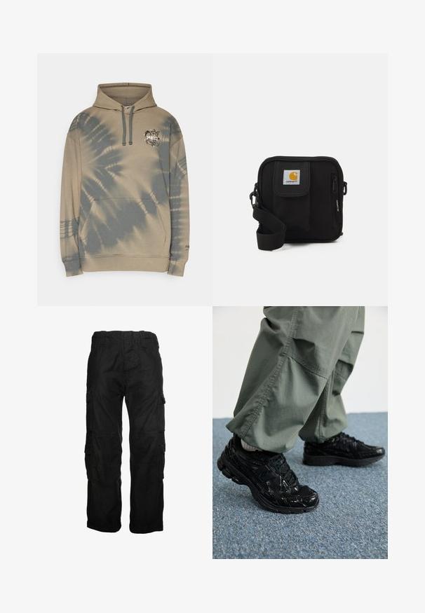 Lichtbruine hoodie met een tie-dye patroon in donkere tinten. Voorzien van een kangoeroezak, een capuchon met trekkoord en een klein logo op de borst.; Zwarte cargobroek van katoen, met meerdere zijzakken, een elastische tailleband en een relaxte pasvorm. Soepele textuur met stiksel-details.; Zwarte sport sneakers met glanzende en mesh texturen, voorzien van een dikke zool en veters, gecombineerd met losse olijfgroene cargobroeken.; Zwarte schoudertas met een rits hoofdcompartiment, voork pocket, verstelbare strap en een zichtbaar logo op de klep.