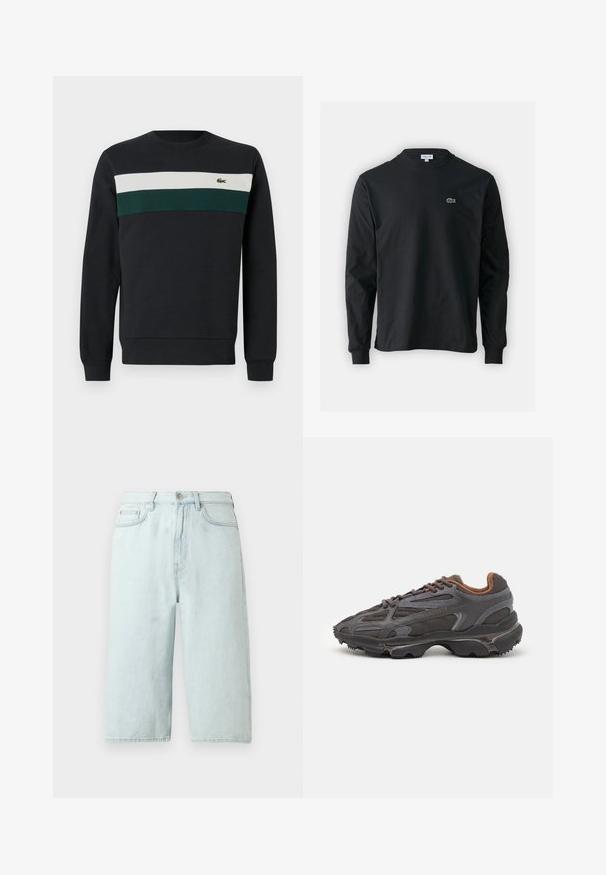 Sweatshirt întunecat cu un bază neagră, având dungi orizontale verzi și albe pe piept și un mic logo brodat în stânga.; Tricou negru cu mânecă lungă, realizat din bumbac, cu un guler rotund și un mic logo brodat cu un crocodil verde pe partea stângă a pieptului.; Pantaloni scurți din denim bleu deschis, cu croială dreaptă a piciorului, talie medie, buzunare frontale și un singur buzunar în spate, finisate cu cusături subtile.; Adidași Lacoste de culoare gri închis, din material mesh și sintetic, cu o talpă texturată și accente maronii pe guler și branding.