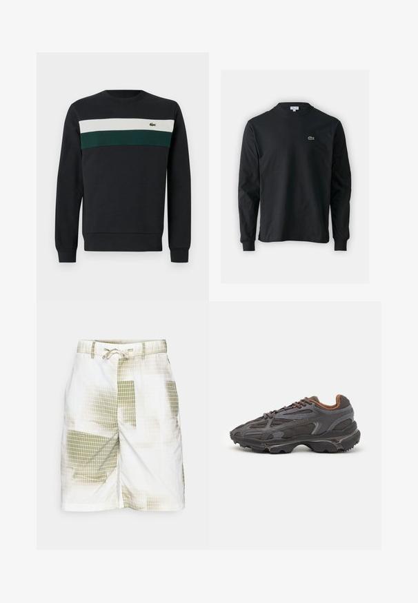 Dark sweatshirt featuring a black base, with green and white horizontal stripes across the chest and a small embroidered logo on the left.; Black long-sleeve t-shirt made of cotton, featuring a round neckline and a small green embroidered crocodile logo on the left chest.; Men's shorts in lightweight fabric featuring a white base with a grid pattern in green tones. Includes a drawstring waistband.; Lacoste sneakers in dark gray with mesh and synthetic material, featuring a textured sole and brown accents on the collar and branding.