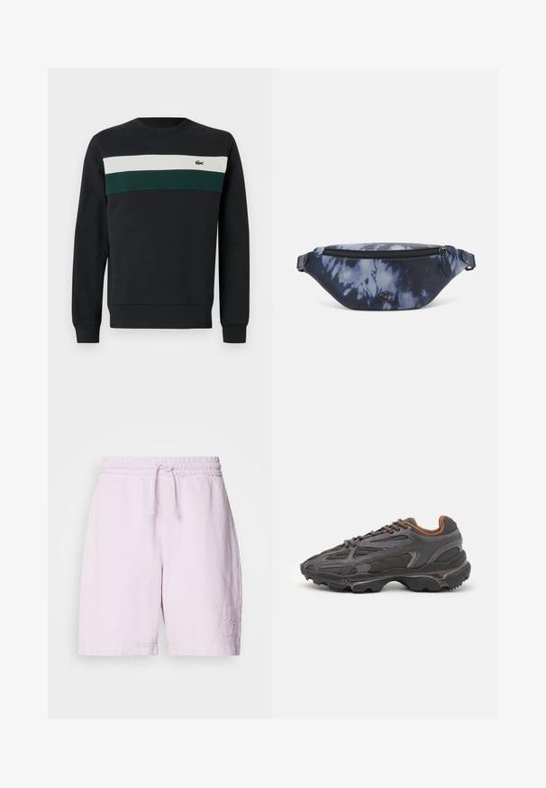 Felpa scura con base nera, decorata con strisce orizzontali verdi e bianche sul petto e un piccolo logo ricamato a sinistra.; Pantaloni corti in cotone rosa con vita elasticizzata e cordoncino, dotati di tasche frontali e logo ricamato "HUGO" sulla gamba sinistra.; Sneaker Lacoste grigie scure in materiale mesh e sintetico, con suola testurizzata e dettagli marroni sul colletto e sul branding.; Marsupio in stampa tie-dye blu scuro con una parte superiore con zip, materiale testurizzato e un logo ben visibile sul davanti.