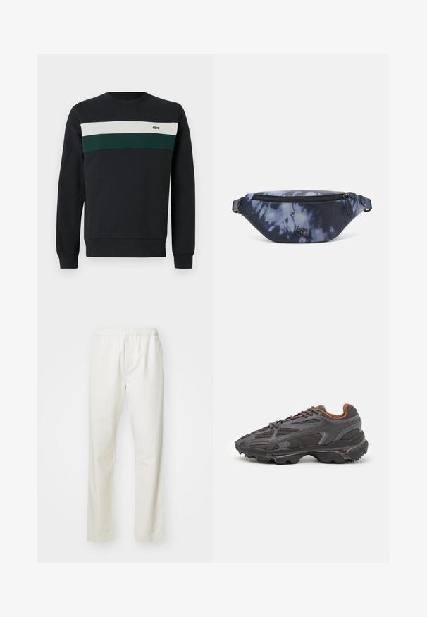 Tamna dukserica s crnom podlogom, sa zelenim i bijelim horizontalnim prugama preko grudnog dijela i malim izvezenim logom s lijeve strane.; Bijele pamučne hlače s elastičnom trakom u struku i ravnim dizajnom, s glatkom teksturom i bez vidljivih uzoraka ili akcenta.; Lacoste tenisice u tamno sivoj boji s mrežastim i sintetičkim materijalom, s teksturiranom potplatom i smešnim akcentima na ovratniku i brandiranju.; Fanny pack u tamnoplavom tie-dye uzorku s patentnim zatvaračem na vrhu, teksturiranom materijalu i istaknutim logotipom na prednjoj strani.