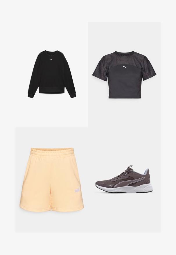 Crna dukserica s dugim raglan rukavima, okruglim izrezom i rebrastim manžetama. Ima mali bijeli logo na prsima. Glatka tekstura tkanine.; Crna kratka majica s kratkim rukavima, elegantnog dizajna, s teksturiranim čipkastim panelom i bijelim Puma logotipom sprijeda.; Kratke hlače breskvaste boje od mekog materijala. Imaju elastičnu sredinu i mali izvezeni logo u donjem kutu.; Sive tenisice za sport s mrežastim gornjim dijelom, bijelim potplatom i kontrastnim naglascima. Ima sustav vezanja i teksturiranu površinu za bolje prianjanje.