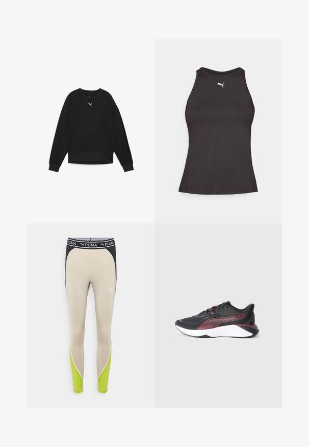 Black sweatshirt with long raglan sleeves, round neck, and ribbed cuffs. Features a small white logo on the chest. Smooth fabric texture.; Black athletic tank top with a high neckline, featuring a small white Puma logo on the left chest. Made from smooth, stretchy fabric.; Beige leggings with a black waistband, featuring green accents and white piping details. Made from stretchy material for comfort.; Black athletic shoe with a textured mesh upper, maroon accents, a cushioned white midsole, and a patterned side design.