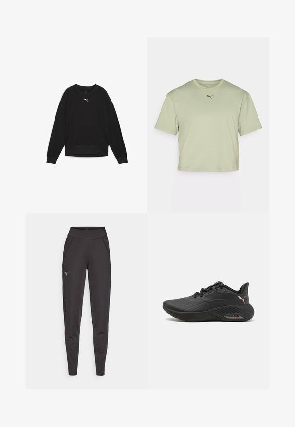 Hanorac negru cu mâneci raglan lungi, guler rotund și manșete ribbate. Prezintă un mic logo alb pe piept. Textură de țesătură netedă.; Tricou scurt, de culoare verde deschis, fabricat dintr-un material moale, cu guler rotund și mâneci scurte. Detaliu mic cu logo pe piept.; Leggings atletice negre, fabricate dintr-un material elastic, cu un talie înaltă, buzunare laterale și un mic logo reflectorizant pe coapsa stângă.; Adida de sport negre cu un upper texturat, talpă netedă și accente roz. Prezintă perforații și o unitate de amortizare cu aer vizibil pe lateral.