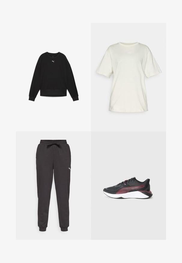 Melns sporta krekls ar garām raglāna piedurknēm, apaļu kakla izgriezumu un ribotām aprocēm. Uz krūškurvja ir neliels balts logo. Gluda auduma faktūra.; Gai beige kokvilnas T-krekls ar īsām piedurknēm, apaļu kaklu un mazu baltu Puma logotipu vidū uz krūtīm. Mīksta, ikdienišķa piegriezuma.; Melnas sporta bikses, izgatavotas no mīksta materiāla, ar elastīgu jostu un auklu, kā arī ribota līkuma apakšdaļa. Balts logo elements uz sāna.; Melnas sporta kurpes ar teksturētu acs augšdaļu, bordo akcentiem, mīkstu baltu starpvienību un rakstainu sānu dizainu.