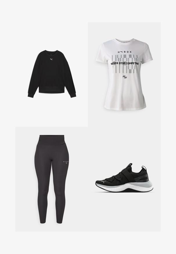 Musta huppari, jossa on pitkät raglan-hihat, pyöreä kaula-aukko ja ribbaatut hihansuut. Rinnassa pieni valkoinen logo. Suora kangasfakta.; Valkoinen urheilupaita lyhyillä hihoilla, jossa on musta geometrinen muotoilu ja teksti "ÄLÄ KOSKAAN LOPETA KILPAILUA" edessä.; Mustat urheilulegginsit, jotka on valmistettu joustavasta materiaalista. Ne sisältävät korkean vyötärön ja huomaamattoman logon vasemmassa jalassa. Suora pinta.; Musta urheilujalkine, jossa on teksturoitu päällinen, joustavat remmit ja paksu valkoinen välikerros. Sisältää harmaan yksityiskohdan pohjan reunassa.