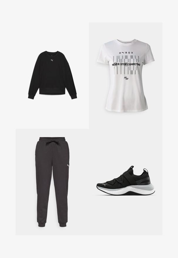 Czarna bluza z długimi rękawami raglanowymi, okrągłym dekoltem i ściągaczami przy mankietach. Posiada małe białe logo na klatce piersiowej. Gładka faktura materiału.; Biała sportowa koszulka z krótkim rękawem, z czarnym geometrycznym wzorem i napisem "NIGDY NIE PRZESTAWAJ KONKUROWAĆ" na przodzie.; Czarne dresowe spodnie wykonane z miękkiego materiału, z elastycznym paskiem w talii i sznurkiem oraz ściągaczami u dołu. Biała detal z logo po boku.; Czarne sportowe buty z teksturowaną cholewką, elastycznymi paskami i grubą białą podeszwą środkową. Posiadają szary akcent wzdłuż podeszwy.