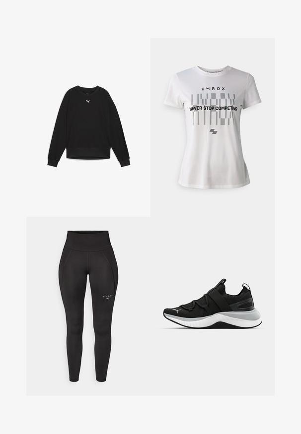 Čierna mikina s dlhými raglánovými rukávmi, okrúhlym výstrihom a rebrovanými manžetami. Na hrudi má malé biele logo. Hladká textúra látky.; Biele atletické tričko s krátkymi rukávmi, s čiernym geometrickým vzorom a textom "NEPRESTÁVAJ SÚŤAŽIŤ" napísaným na prednej strane.; Čierne športové legíny s vysokým pásom, s hladkou textúrou a plochými švami. Logo vytlačené bielou farbou na ľavej strane.; Čierne športové topánky s textúrovaným zvrškom, elastickými pásikmi a hrubou bielou medzipodrážkou. Obsahujú sivý akcent pozdĺž podrážky.