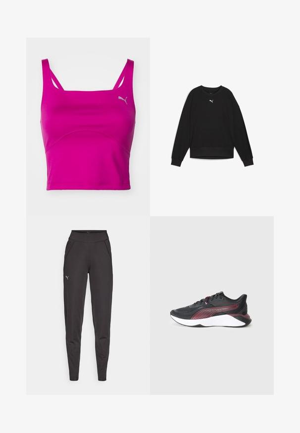 Čierna mikina s dlhými raglánovými rukávmi, okrúhlym výstrihom a rebrovanými manžetami. Na hrudi má malé biele logo. Hladká textúra látky.; Ružová športová crop topka Puma s tenkými ramienkami, priliehavým strihom, textúrovanou tkaninou a zakriveným švom po prednej strane.; Čierne športové legíny vyrobené z elastického materiálu, s vysokým pásom, bočnými vreckami a malým reflexným logom na ľavom stehne.; Čierna atletická obuv s textúrovaným sieťovaným zvrškom, marónovými akcentmi, polstrovanou bielou medzipodrážkou a vzorovaným bočným dizajnom.