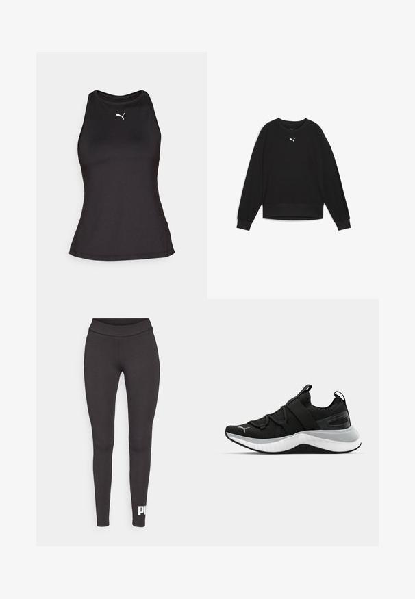 Črna sweatshirt s dolgimi raglan rokavi, okroglo ovratnico in rebrastimi manšetami. Ima majhen bel logotip na prsih. Gladka tekstura tkanine.; Puma RACERBACK TANK - Top - black; Črne legice iz raztegljive tkanine, z visokim pasom in belim logotipom, natisnjenim na spodnjem levem delu noge. Gladka tekstura.; Črne atletske čevlje z teksturirano zgornjšo plastjo, elastičnimi trakovi in debelim belim srednjim podplatom. Imajo sivo akcentsko linijo ob podplatu.