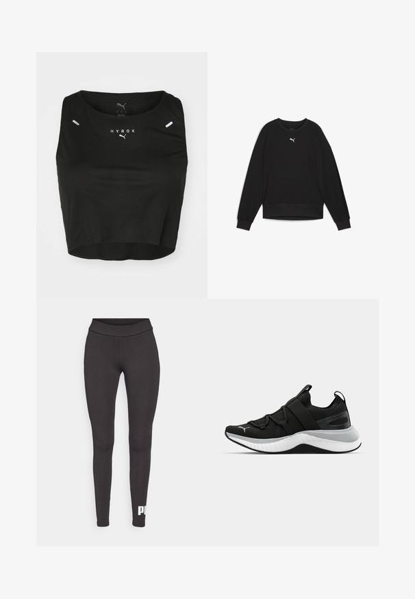 Hanorac negru cu mâneci raglan lungi, guler rotund și manșete ribbate. Prezintă un mic logo alb pe piept. Textură de țesătură netedă.; Cămașă scurtă neagră dintr-un material texturat, cu un guler rotund, logo alb și două mici accente reflectorizante pe umeri.; Colanți negri dintr-un material elastic, cu un talie înaltă și un logo alb imprimat pe piciorul din stânga jos. Textură netedă.; Pantof de sport negru cu un upper texturat, curele elastice și o talpă intermediară groasă albă. Are un accent gri pe lungimea tălpii.
