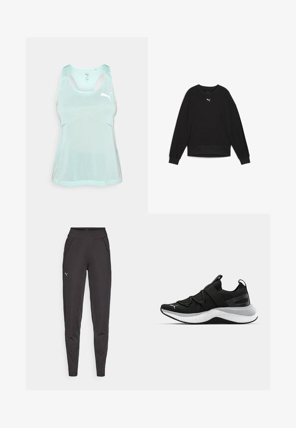 Čierna mikina s dlhými raglánovými rukávmi, okrúhlym výstrihom a rebrovanými manžetami. Na hrudi má malé biele logo. Hladká textúra látky.; Svetlo mätová športová tielko s mriežkovou textúrou, dizajnom s pretekárskym chrbtom a bielym logom Puma na prednej strane.; Čierne športové legíny vyrobené z elastického materiálu, s vysokým pásom, bočnými vreckami a malým reflexným logom na ľavom stehne.; Čierne športové topánky s textúrovaným zvrškom, elastickými pásikmi a hrubou bielou medzipodrážkou. Obsahujú sivý akcent pozdĺž podrážky.