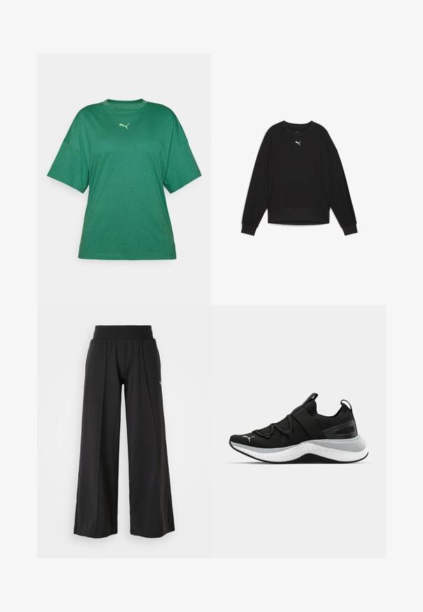 Svart hettegenser med lange raglanermer, rund hals og ribbede mansjetter. Har en liten hvit logo på brystet. Jevn tekstur.; Grønn oversized T-skjorte laget av mykt stoff, med rund hals og korte ermer. Lite logoaccent i lysegrønn på brystet.; Svarte vide bukser med teksturert stoff, elastisk midje og PUMA-logo som detalj. Enkelt design med avslappet passform.; Sorte treningssko med en teksturert overdel, elastiske stropper og en tykk hvit mellomsåle. Har en grå aksent langs sålen.