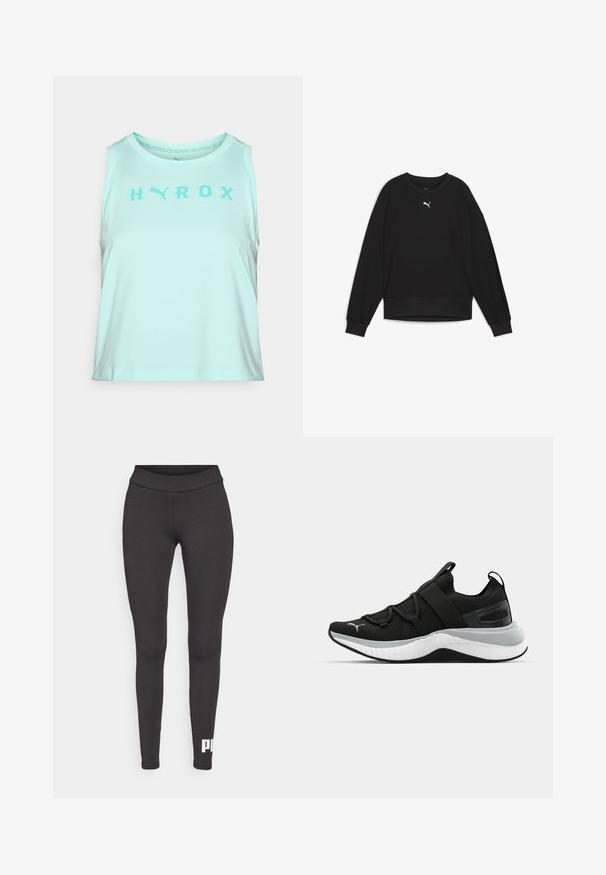 Felpa nera con maniche lunghe a raglan, collo tondo e polsini a costine. Presenta un piccolo logo bianco sul petto. Tessuto con una texture liscia.; Top di colore turchese chiaro realizzato in un tessuto morbido, con scollatura rotonda e ampie braccia, con la parola "HYROX" stampata in turchese scuro.; Leggings neri realizzati in tessuto elastico, con una cintura alta e un logo bianco stampato sulla parte inferiore della gamba sinistra. Texture liscia.; Scarpa sportiva nera con tomaia testurizzata, cinghie elastiche e una spessa suola intermedia bianca. Presenta un accento grigio lungo la suola.