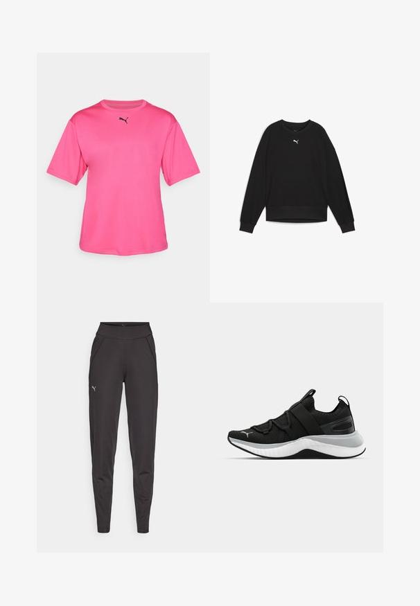 Must värvi dressipluus pikade raglanvarrukatega, ümmargune kaelus ja soonikust mansetid. Rinnal on väike valge logo. Sujuv kangastekstuuri.; Roosa lühikeste varrukatega T-särk sujuvast kangast. Esiküljel on must logo ja laia kaelusega lõdvem lõige.; Mustad mustriga mustad leggingud, mis on valmistatud venivast kangast. Neil on kõrge vöökoht, küljetaskud ja väike peegelduv logo vasakul reitel.; Must have tekstuuriga ülemise osaga mustad spordijalatsid, elastsete rihmade ja paksu valge vaheosaga. Omab halli aktsenti talla ääres.