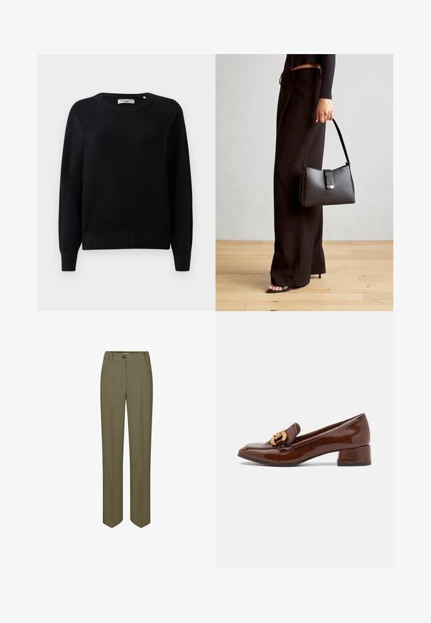 Juodas megztinis su apvalia iškirpte, ilgomis rankovėmis ir susitraukusiomis rankogaliais bei apatine dalimi. Minkšta tekstūra, be matomų raštų ar detalių.; Olivinės žalios spalvos pritaikytos kelnes su tiesiomis kojomis, vienu mygtuko uždarymu ir dviem priekinių raukšlių detalėmis, pasižyminčios lygiu, audiniu.; Rudos odinės loafer'iai su blizgiu paviršiumi, dėlionis auksinis užsegimas priekyje ir žemas blokinis kulnas. Klasikinis dizainas.; Juodas rankinė struktūrizuota forma, lygi tekstūra ir metalinis užsegimas. Suporuota su plačiomis juodomis kelnėmis ir atvirais bateliais ant medinių grindų.