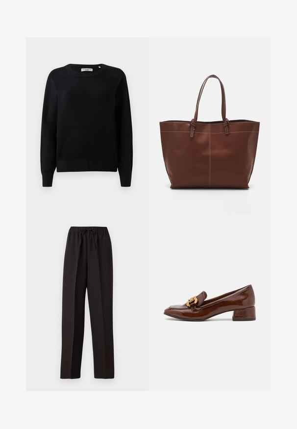 Czarny dzianinowy sweter z okrągłym dekoltem, długimi rękawami oraz ściągaczami przy mankietach i dolnej krawędzi. Miękka tekstura, bez widocznych wzorów czy dodatków.; Czarne szerokie spodnie z elastycznym pasem i regulowanym sznurkiem. Wykonane z gładkiego, lekkiego materiału bez widocznych wzorów.; Brązowe skórzane loafersy o błyszczącym wykończeniu, z dekoracyjnym złotym zapięciem z przodu i niskim obcasem. Klasyczny design.; Brązowa skórzana torba na ramię z podwójnymi uchwytami, charakteryzująca się kontrastowym przeszyciem i przestronnym designem, idealna do codziennego użytku.