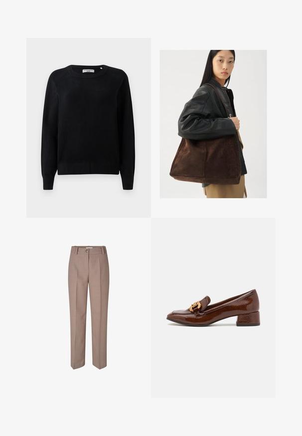 Zwarte gebreide trui met een ronde hals, lange mouwen en geribbelde manchetten en onderrand. Zachte textuur, geen zichtbare patronen of hardware.; Beige op maat gemaakte broeken met een recht model, voorzien van een knoopsluiting en geplisseerde voorkant. Soepele textuur en een glanzende afwerking.; Bruine leren loafers met een glanzende afwerking, met een decoratieve gouden gesp aan de voorkant en een lage blokhak. Klassiek ontwerp.; Bruine suède tote bag met een brede vorm en zachte textuur, voorzien van een enkele schouderband en minimale hardware tegen een neutrale achtergrond.