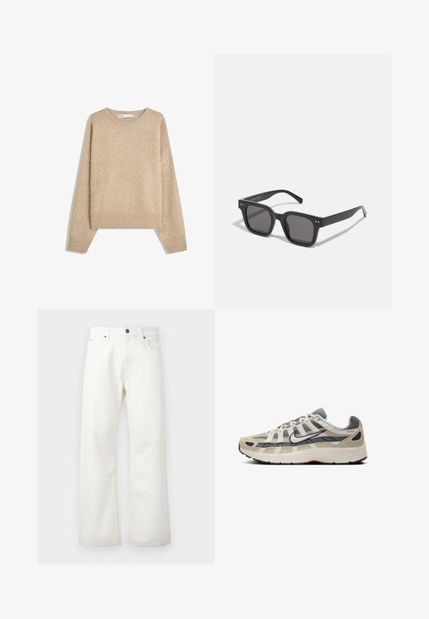 Béžový sveter vyrobený z mäkkej, textúrovanej pleteniny. Má okrúhly výstrih, rebrované manžety a skrátený lem s spustenými ramenami.; Čierno-biele tričká s kulatým výstrihom, krátkymi rukávmi, vyrobené z bavlnenej tkaniny, s hladkou textúrou, s logom na krku.; Biele rozšírené džínsy vyrobené z denimu, ktoré majú štandardný pás, predné vrecká a zapínanie na gombík. Textúrovaná látka s čistým povrchom.; Béžové bežecké tenisky so šedou sieťovinou a semišovými detailmi, bielymi akcentami, čiernou podrážkou, červeným brandingom a jedinečným krížovým vzorom na vrchu.; Čierne obdĺžnikové slnečné okuliare s tmavými sklami, s hrubým rámom, jemnými akcentmi na stranách a bez viditeľných log, okrem názvu značky.; Hnedá plátenná taška s veľkými ušami, zdobená potlačou blokových písmen na boku. Taška má jemnú textúru a priestranný dizajn.