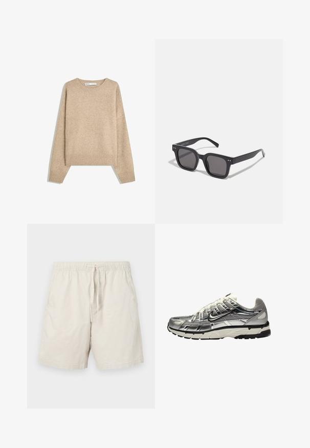 Bežna pulover iz mehke, strukturirane pletenine. Ima okroglo ovratnik, rebraste manšete in skrajšan rob z spuščenimi ramenimi šivi.; Črno-bele majice s kratkimi rokavi, kroj crew-neck, izdelane iz bombažne tkanine, gladke teksture, z blagovno znamko na izrezu vratu.; Bež kratke hlače iz bombaža z elastičnim pasom, nastavljivo vezalko in stranskimi žepi. Imajo gladko in lahko teksturo.; Srebrna in črna športna obutev z mrežastim in sintetičnim zgornjim delom, prostornim dizajnom in teksturiranim zaključkom. Ima podložen ovratnik in gumijast podplat.; Črne pravokotne sončne očala s temnimi lečami, ki imajo debel okvir, subtilne poudarke na straneh in nobenih vidnih logotipov razen imena blagovne znamke.; Tkanina bežna torba sa velikim ručkama, s printom blok slova sa strane. Torba ima mekanu teksturu i prostran dizajn.