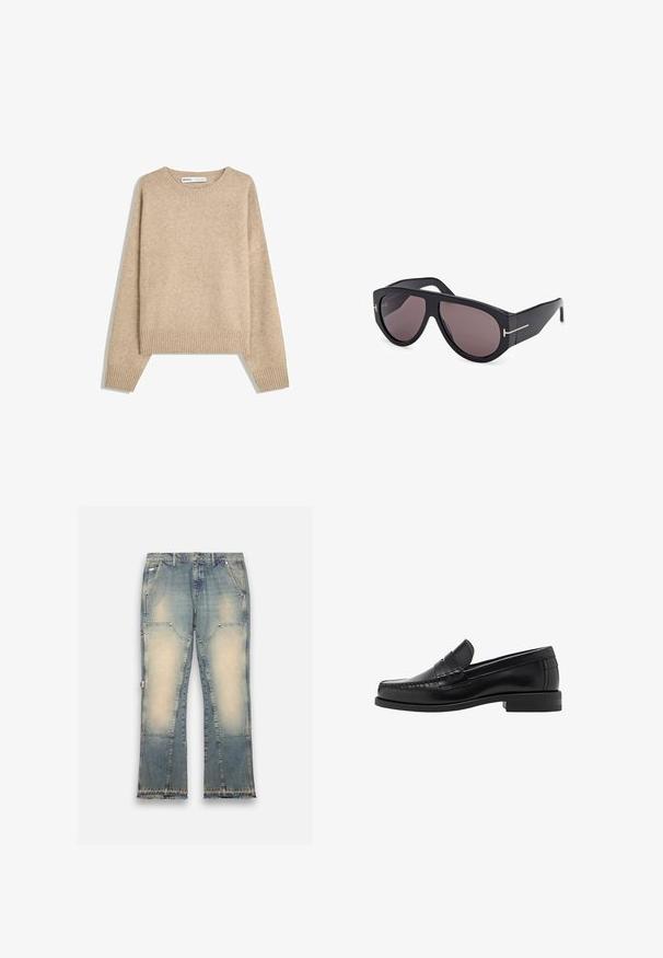 Beiger Pullover aus weichem, strukturiertem Strick. Verfügt über einen runden Ausschnitt, gerippte Bündchen und einen verkürzten Saum mit überschnittenen Schultern.; Helle blaue Jeans aus Denim mit einem verblassten Design, weiten Beinen, fünf Taschen und ausgefransten Säumen. Mit kontrastierenden Patches für zusätzliche Textur.; Schwarze Lederloafer mit glatter Oberfläche, genähten Details an der Zehe und einem flachen Absatzdesign für Komfort und Stil.; Schwarze übergroße Sonnenbrille mit einem Verlauf von dunklen Gläsern, einem kantigen Rahmen und goldenen Akzentdetails an den Bügeln.