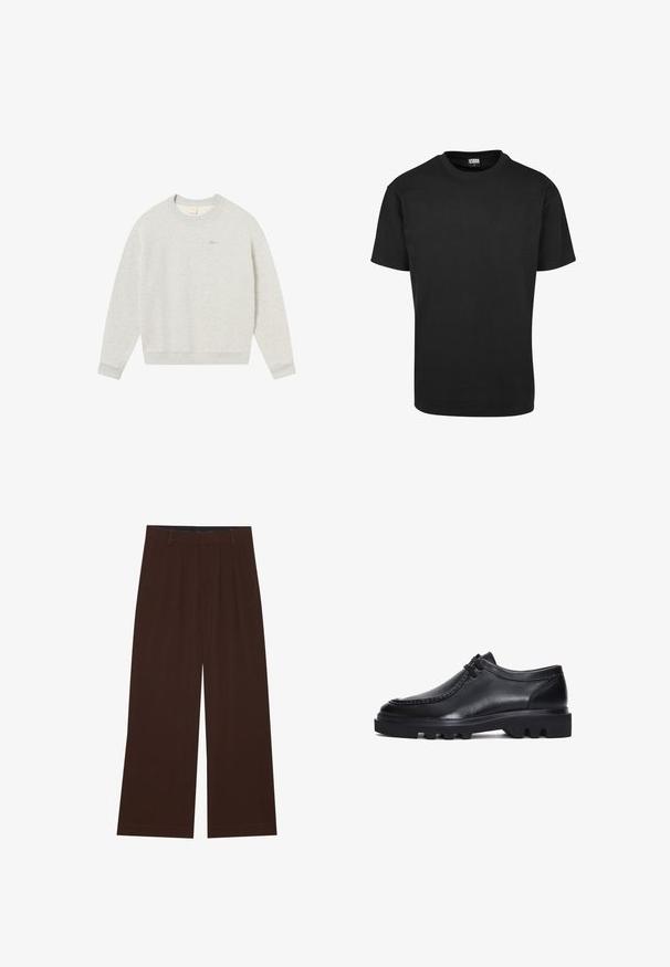 Hellgrauer Pullover aus weichem Material, mit Rundhalsausschnitt, gerippten Bündchen und einem kleinen, goldenen, gestickten Logo auf der Brust.; Schwarzes Baumwoll-T-Shirt mit Rundhalsausschnitt, kurzen Ärmeln und geradem Saum. Glatte Textur; schlichtes, ungeschmücktes Design.; Braune weite Hosen mit Falten. Aus einem glatten Stoff gefertigt, mit einem taillierten Bund und seitlichen Taschen. Flacher Saum am Boden.; Schwarze Lederschuhe mit runder Spitze, genähten Details und einer dicken, robusten Sohle mit markanten Rillen. Schlichte Schnürsenkeldesign.