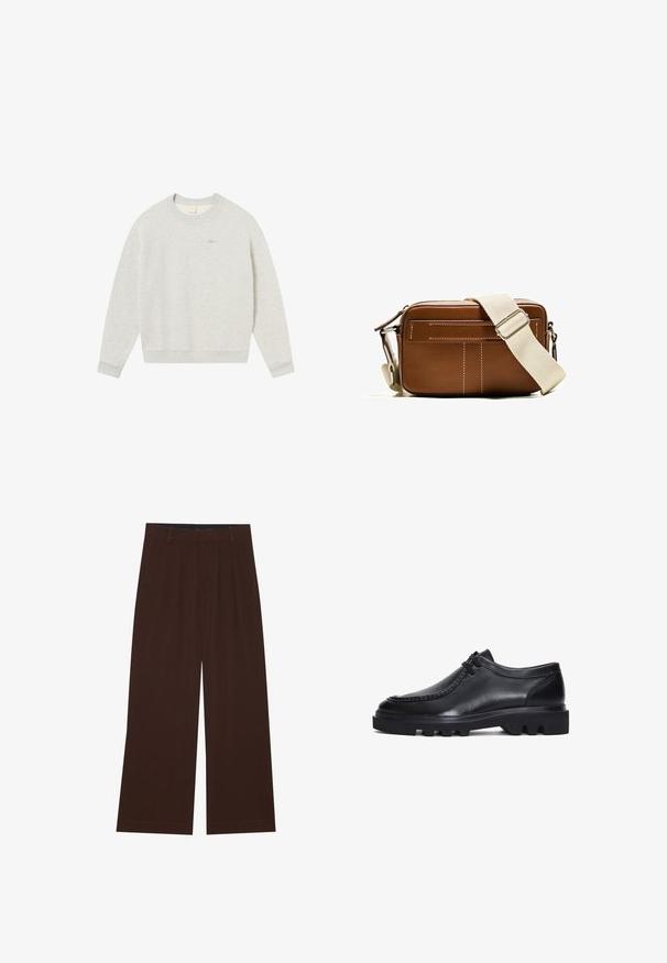 Sweat-shirt gris clair en tissu doux, avec un col rond, des poignets côtelés et un petit logo brodé en or sur la poitrine.; Pantalons amples marron avec des plis. Fabriqués en tissu lisse, avec une taille cintrée et des poches latérales. Ourlet plat en bas.; Chaussures en cuir noir avec un bout rond, des détails cousus et une semelle épaisse et robuste présentant des rainures distinctives. Design à lacets simple.; Sac bandoulière en cuir marron avec des coutures blanches, forme rectangulaire, fermeture éclair et une sangle beige ajustable. Comprend deux poches avant.