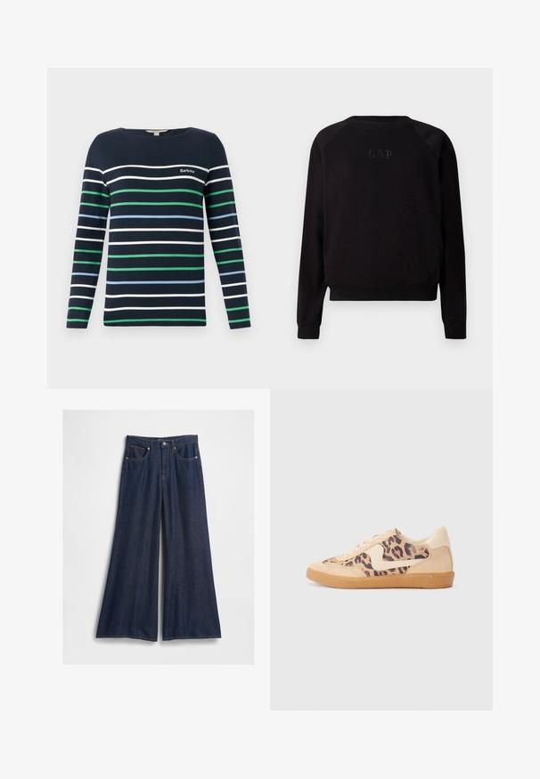 Black long-sleeve crewneck sweatshirt with subtle raised GAP logo embroidered on the chest, ribbed cuffs, and hem.; Long-sleeve navy top with horizontal stripes in green, blue, and white. Features a crew neck and "Barbour" logo on the chest.; Blue and black plaid long-sleeve cropped shirt with pointed collar and white buttons down the front on a white background.; Wide-leg dark denim jeans with a high waist, featuring five pockets, a front button closure, and visible stitching details.; Leopard print sneakers with beige suede upper, tan rubber sole, and white accents. Round toe and lace-up design with a textured finish.