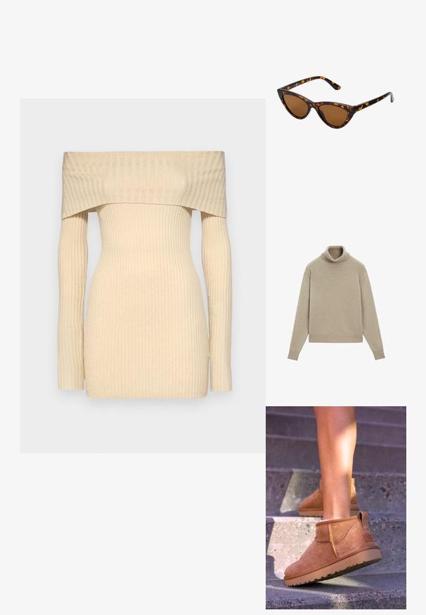 Maglione beige a collo alto realizzato in tessuto morbido, con colletto e bordi a coste, vestibilità rilassata e maniche lunghe. Texture liscia, design minimal.; Maglione a spalle scoperte a coste di colore beige chiaro, design aderente con maniche lunghe, caratterizzato da una texture liscia e sottili righe verticali.; Stivali alla caviglia in suede beige con una consistenza morbida, dettagli cuciti e suola in gomma, dotati di un tacco ad anello per una facile vestibilità.; Occhiali da sole cat-eye con una montatura tartarugata nera e arancione, lenti marroni e punte affusolate e eleganti. Presentano un logo minimale sulla asta.
