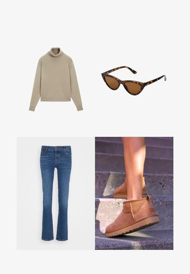 Maglione beige a collo alto realizzato in tessuto morbido, con colletto e bordi a coste, vestibilità rilassata e maniche lunghe. Texture liscia, design minimal.; Jeans in denim blu con design a gamba dritta, caratterizzati da leggera scoloritura, disposizione a cinque tasche e chiusura con bottone metallico in vita.; Stivali alla caviglia in suede beige con una consistenza morbida, dettagli cuciti e suola in gomma, dotati di un tacco ad anello per una facile vestibilità.; Occhiali da sole cat-eye con una montatura tartarugata nera e arancione, lenti marroni e punte affusolate e eleganti. Presentano un logo minimale sulla asta.